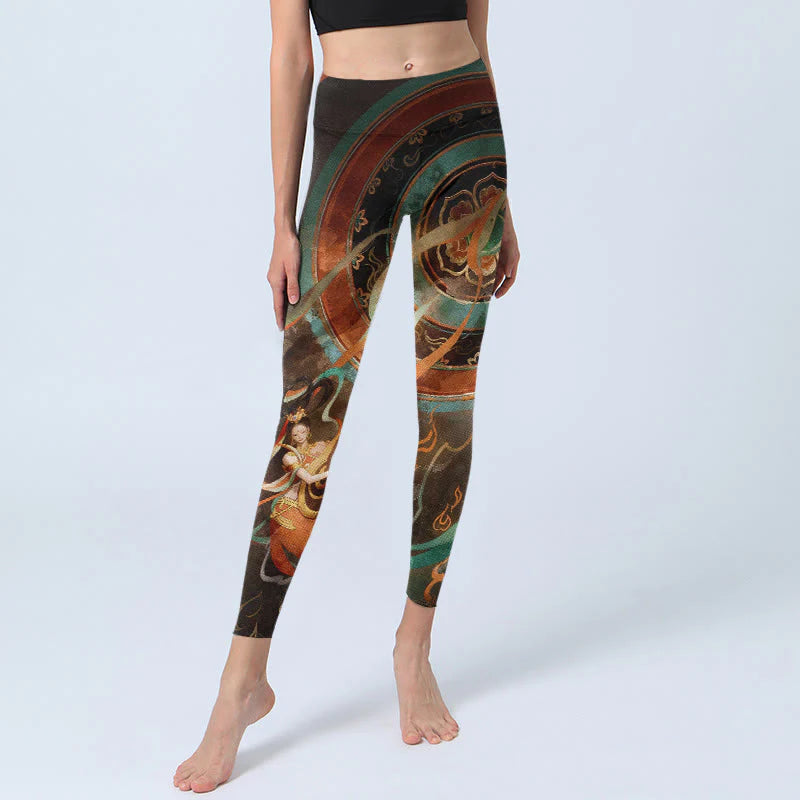 Buddha Stones Colorful Fairy Lute Ribbon Flower Circle Pattern Print Gym Leggings Women's Yoga Pants