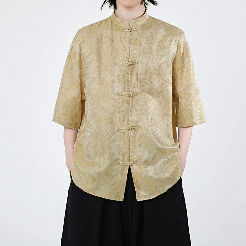 Buddha Stones Summer Frog-Button Half Sleeve Vine Leaf Flower Pattern Men's Shirt
