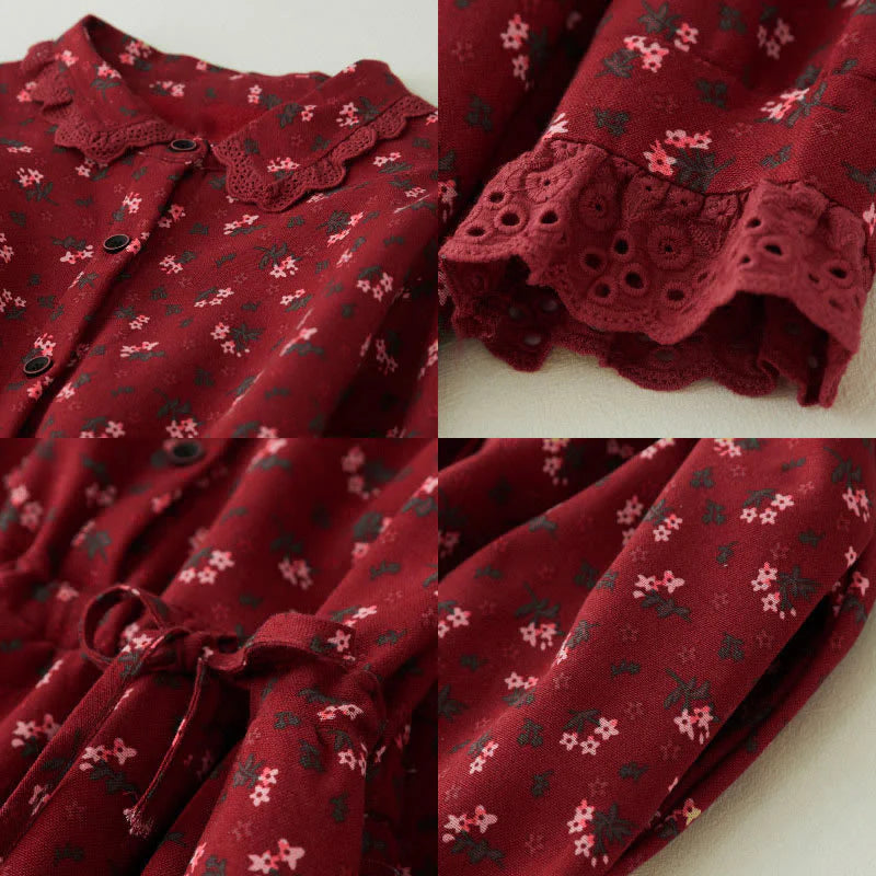 Buddha Stones Floral Pattern Lace Patchwork Design Long Sleeve Corduroy Midi Dress With Pockets