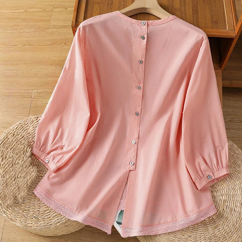 Buddha Stones Plain Lace Hem Single Breasted Button Cotton Linen Three Quarter Sleeve Women's Crew Neck Shirt