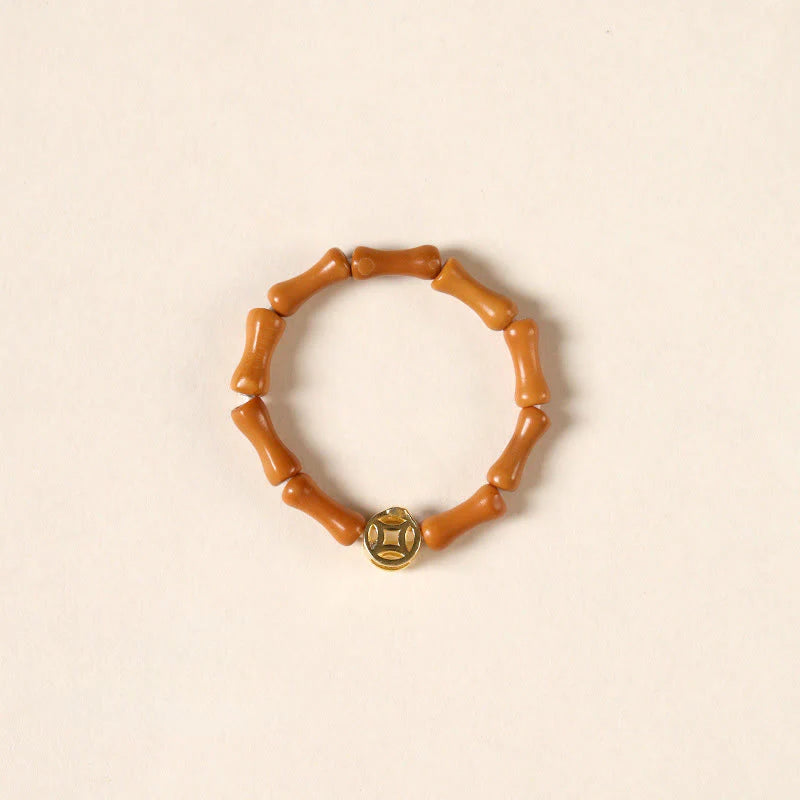 Buddha Stones Olive Pit Bead Copper Coin Inner Strength Ring