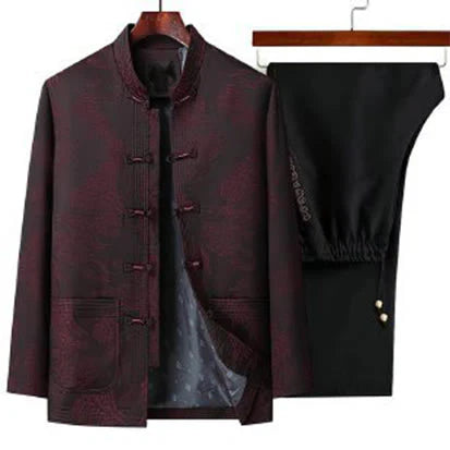 Buddha Stones 2Pcs Commute Tang Suit Frog-Button Men's Long Sleeve Shirt Pants Cotton Clothing Set