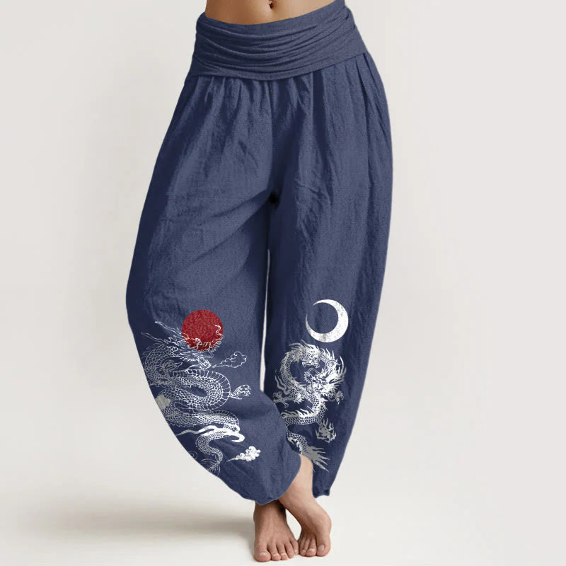 Buddha Stones Pure Cotton Dragon Sun Moon Pattern Women's Elastic Waist Harem Pants