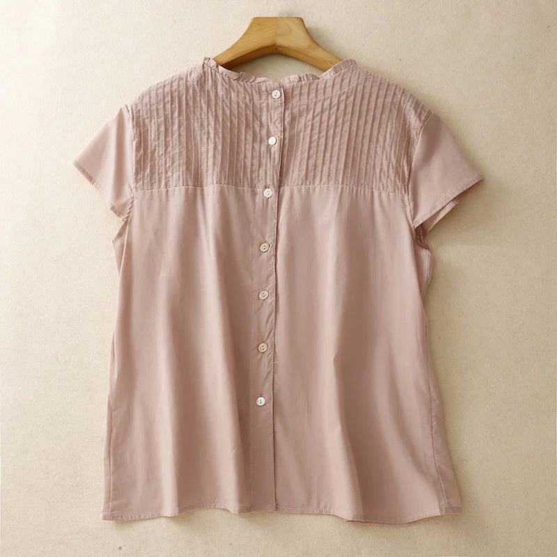 Buddha Stones Summer Pure Color Ruffled Pleated Design Women's Cotton Short Sleeve Shirt