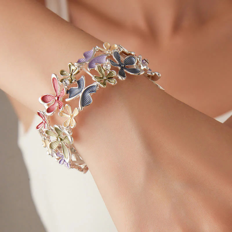 Buddha Stones Colorful Butterfly Flowers Love Alloy Elastic Bracelet Bangle