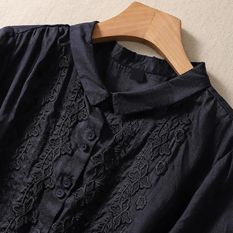Buddha Stones Summer Plain Button Embroidery Flower Pattern Three Quarter Sleeve Lapel Cotton Linen Women's Shirt