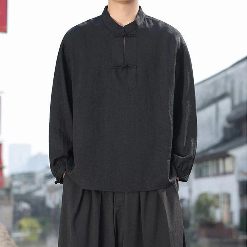 Buddha Stones Two Frog-Button Stand Collar Long Sleeve Men's Cotton Shirt