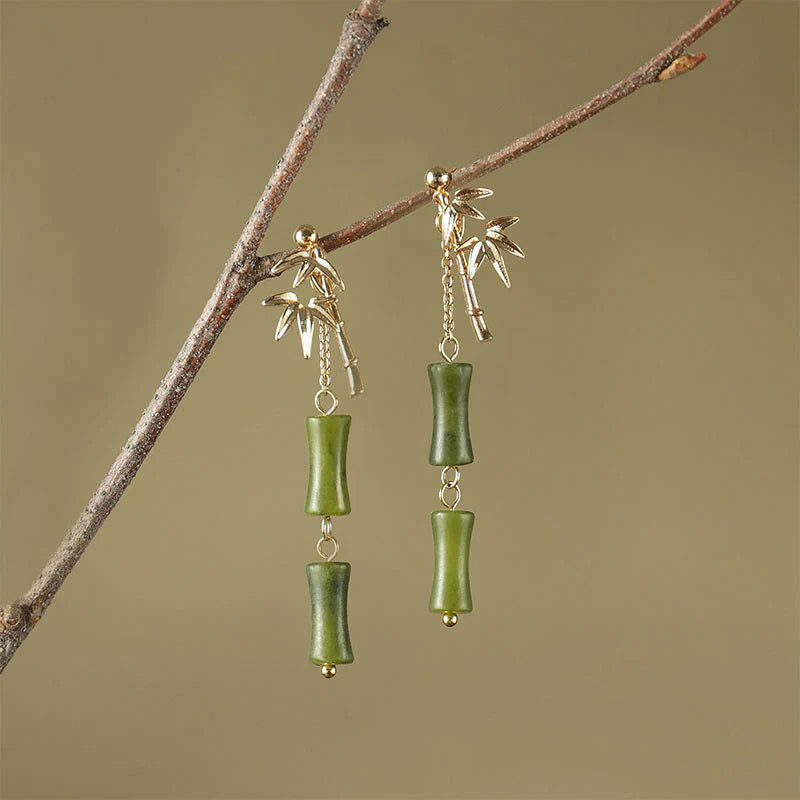 Buddha Stones 925 Sterling Silver Posts Copper Plated Gold Natural Peridot Bamboo Leaf Drop Earrings