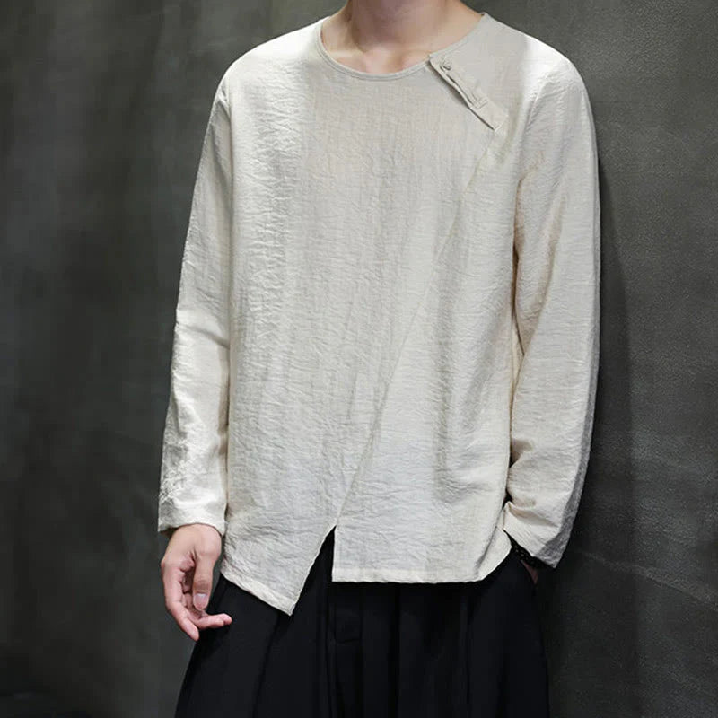 Buddha Stones Solid Color Loose Long Sleeve Round Neck Men's Shirts
