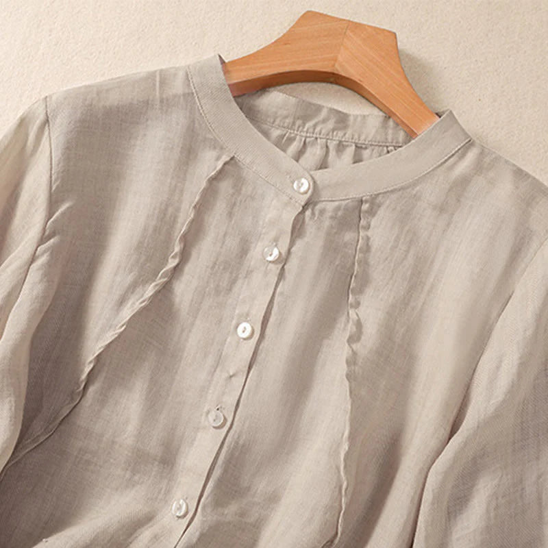 Buddha Stones Casual Daily Plain Button Ruffled Design Stand Collar Women's Cotton Linen Three Quarter Sleeve Shirt Cardigan