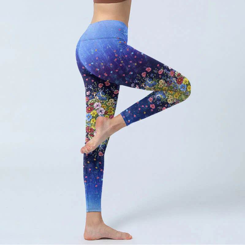 Buddha Stones Gradient Color Flower Pattern Print Gym Leggings Women's Yoga Pants