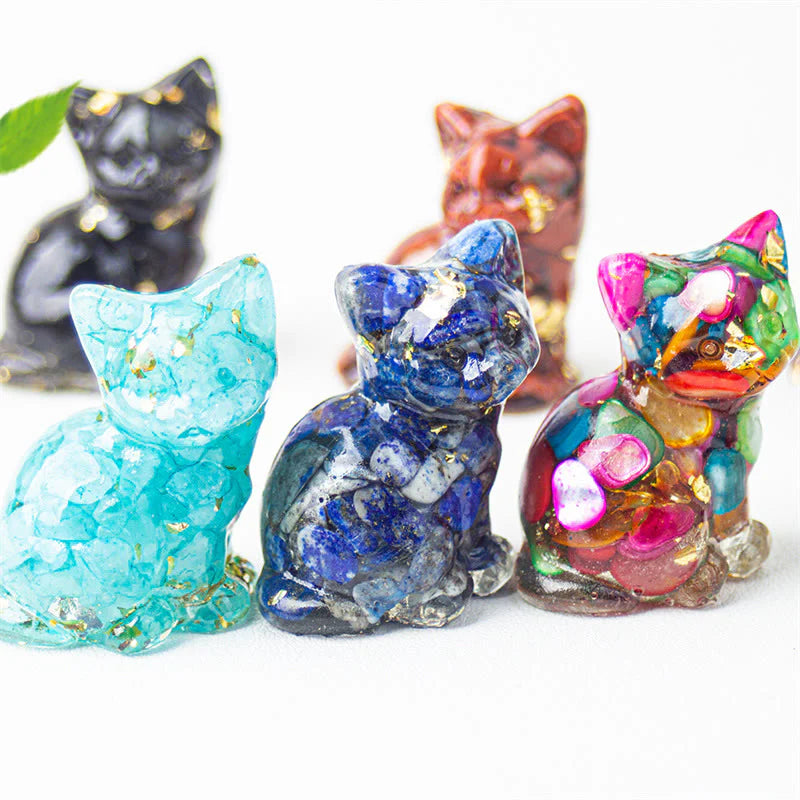 Buddha Stones Sitting Cat  Resin Gravel Pink Crystal Citrine White Crystal Lapis Lazuli Soothing Desktop Decoration