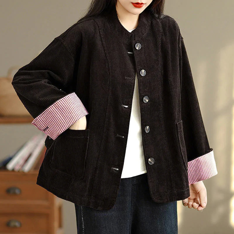 Buddha Stones Buttons Design Corduroy Long Sleeve Women's Jacket With Pockets