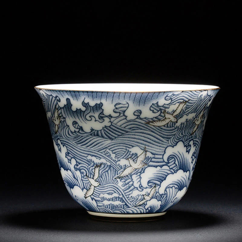 Buddha Stones Colorful Flowers Orchid Sea Waves Blue and White Porcelain Ceramic Teacup Kung Fu Tea Cup