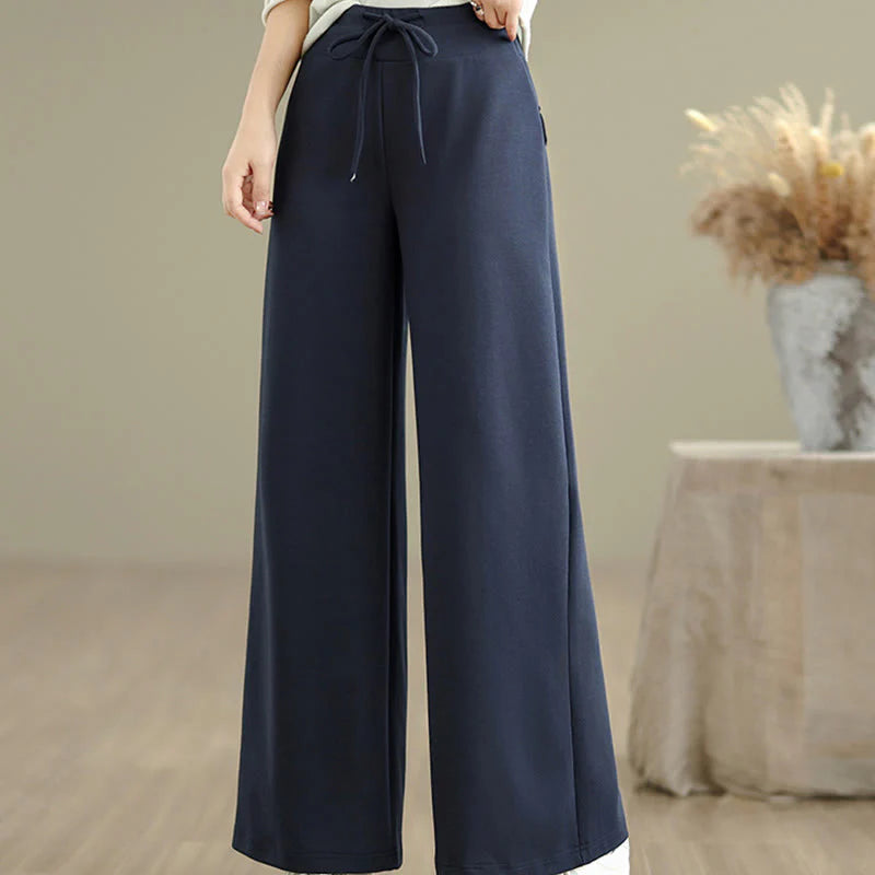 Buddha Stones Plain Drawstring Cotton Polyester Women's Wide Leg Pants With Pockets
