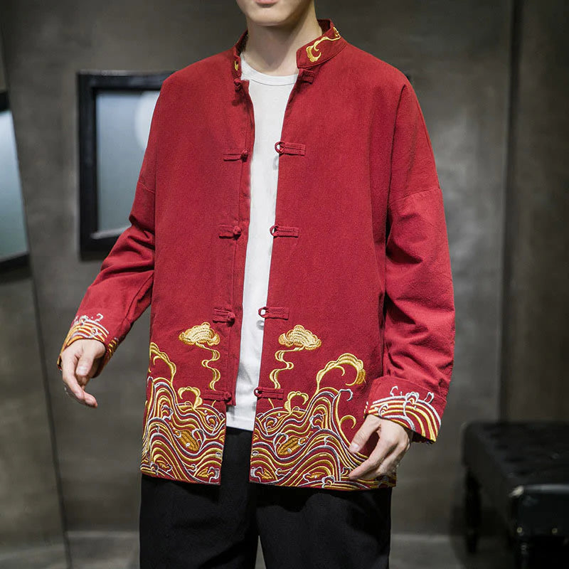 Buddha Stones Embroidered Clouds Frog-Button Long Sleeve Men's Cotton Tang Suit Jacket