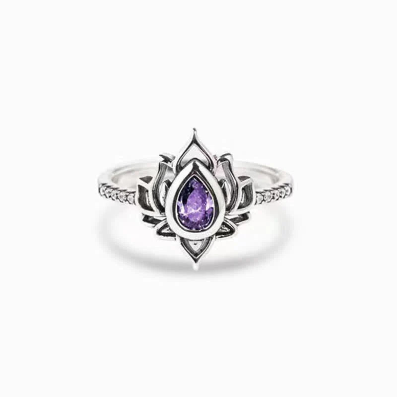 Buddha Stones Sterling Silver Lotus Zircon Blessing Protection Ring