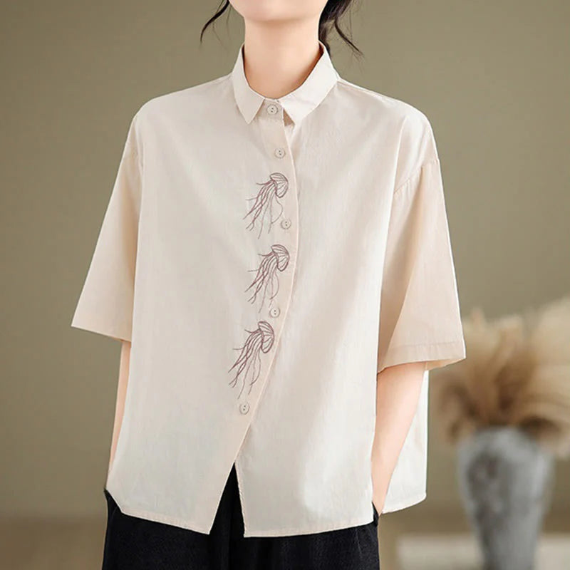Buddha Stones Casual Women's Embroidered Jellyfish Pattern Stand Collar Buttons Design Half Sleeve Cotton Shirt