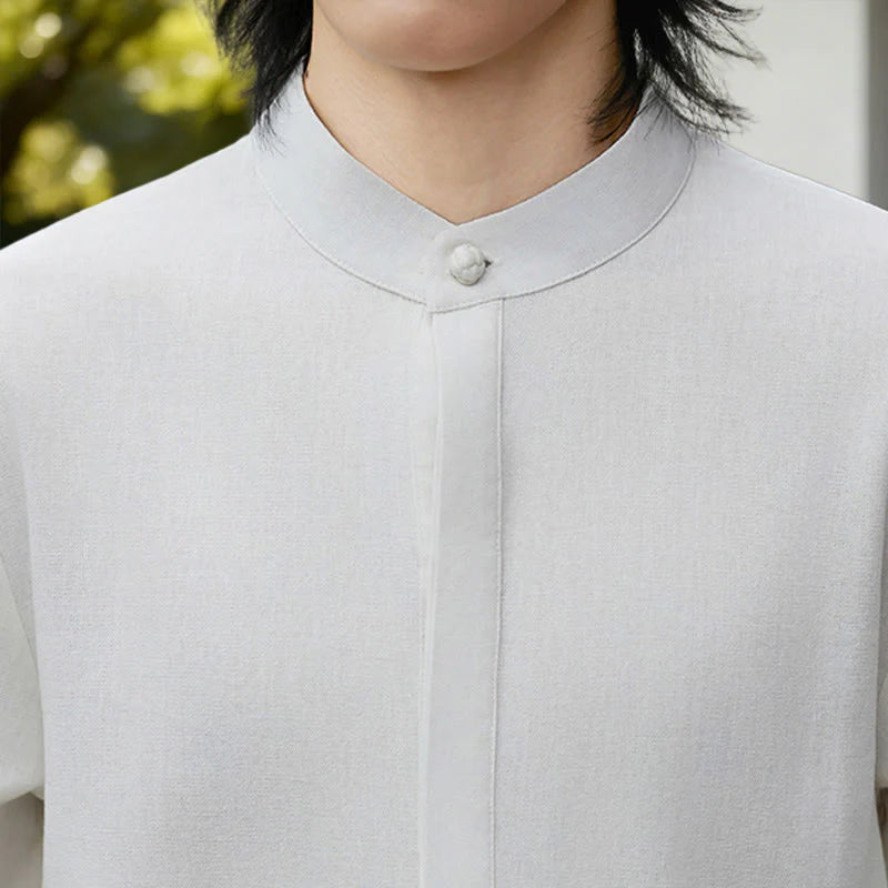 Buddha Stones Fall Solid Color White Men's Long Sleeve Cotton Linen Shirt Corduroy Kimono