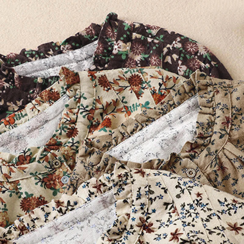 Buddha Stones Fall Floral Print Buttons Down Design Women's Cotton Long Sleeve Shirt
