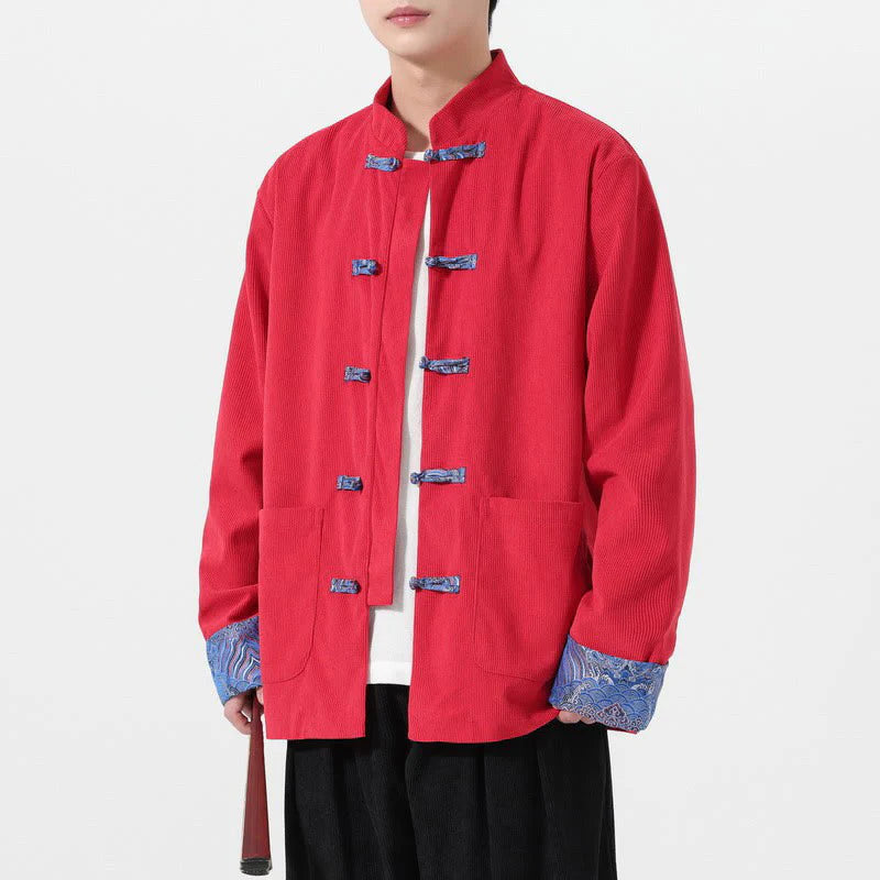 Buddha Stones Floral Design Long Sleeve Men's Cotton Corduroy Tang Suit Jacket With Pockets