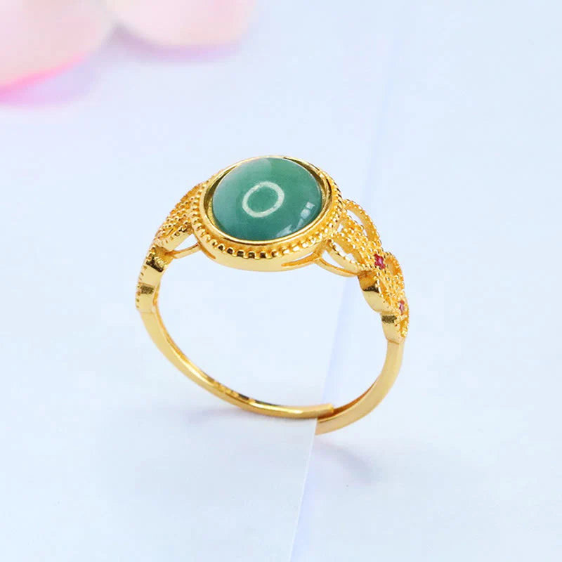 Buddha Stones Natural 925 Sterling Silver Plated Gold Hollow Design Jade Luck Ring