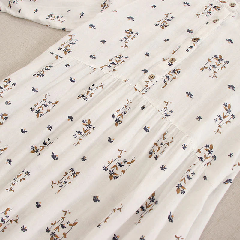 Buddha Stones Spring Small Floral Print Buttons Design Crew Neck Long Sleeve Midi Dress With Pockets
