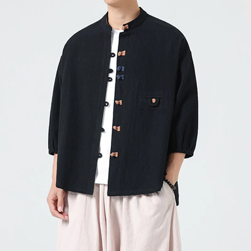 Buddha Stones Summer Frog-Button Front Stand Collar Men's Three Quarter Sleeve Cotton Shirt Cardigan With Pocket