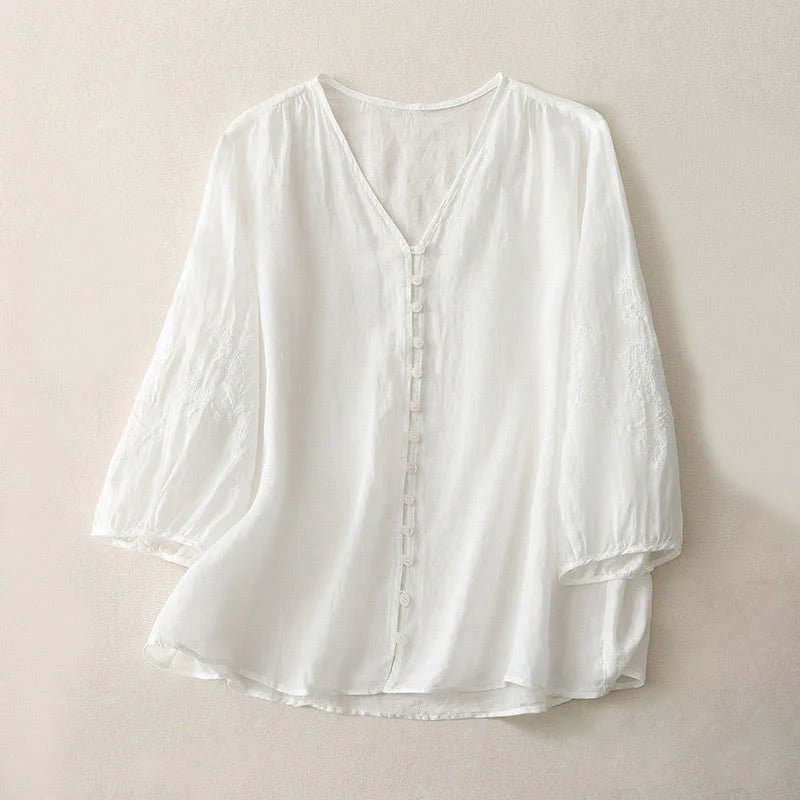 Buddha Stones Embroidery Button-down Women's Cotton Linen Shirt