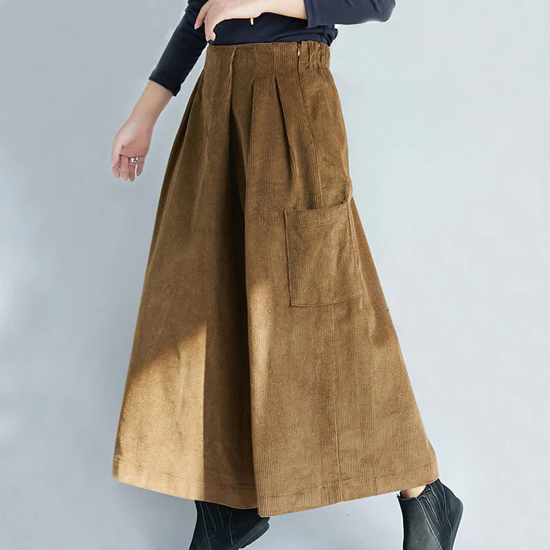 Buddha Stones Women's Plain Side Zipper Design Wide Leg Corduroy 7-8 Length Pants With Pockets