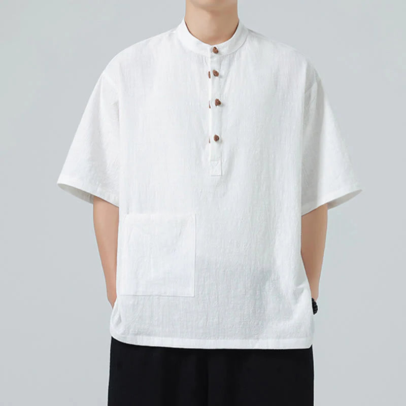 Buddha Stones Casual Half Frog-Button Design Stand Collar Tang Suit Men's Half Sleeve Cotton Shirt With Pocket