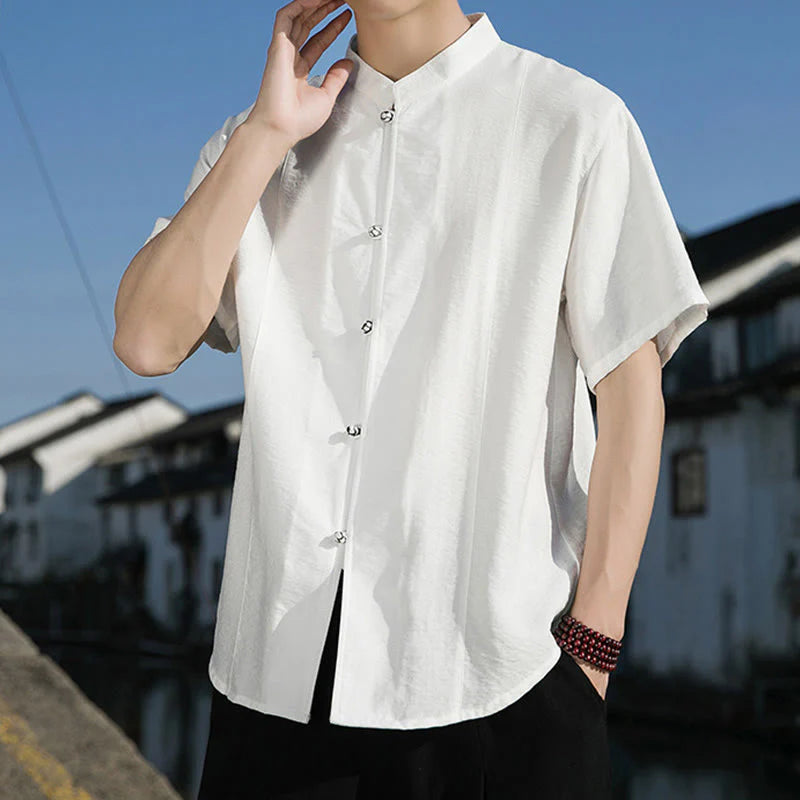 Buddha Stones Summer Solid Color Front Button Design Men's Half Sleeve Cotton Shirt