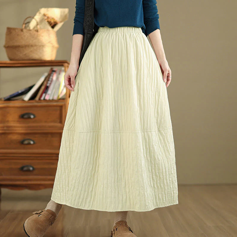 Buddha Stones Plain Pleats Design Elastic Waist Women's Thermal Skirt With Pockets