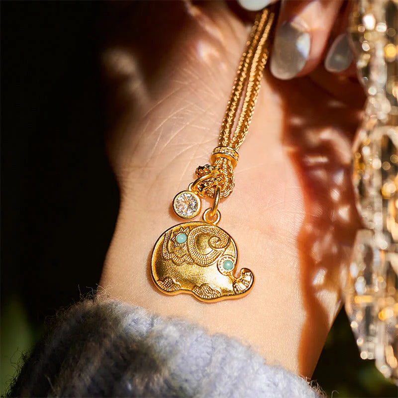 Buddha Stones 24k Gold Plated Brass Elephant Symbol Braided Cord Strength Necklace Pendant