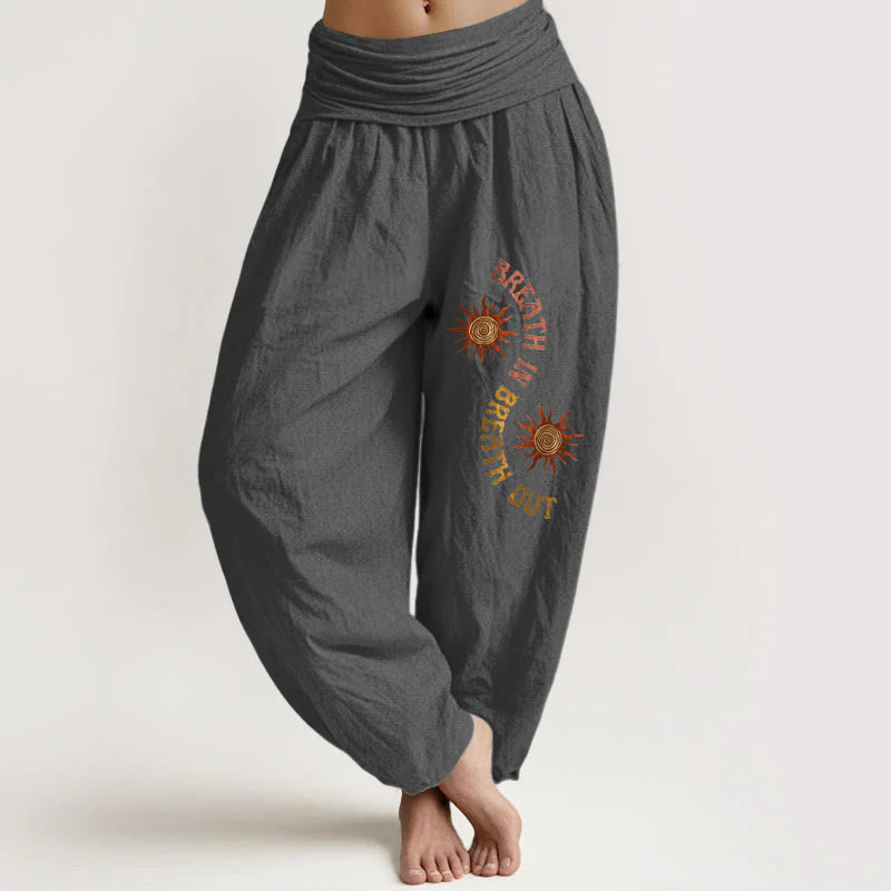 Buddha Stones Pure Cotton Warm Tones Sun English Phrases Pattern Women's Elastic Waist Harem Pants