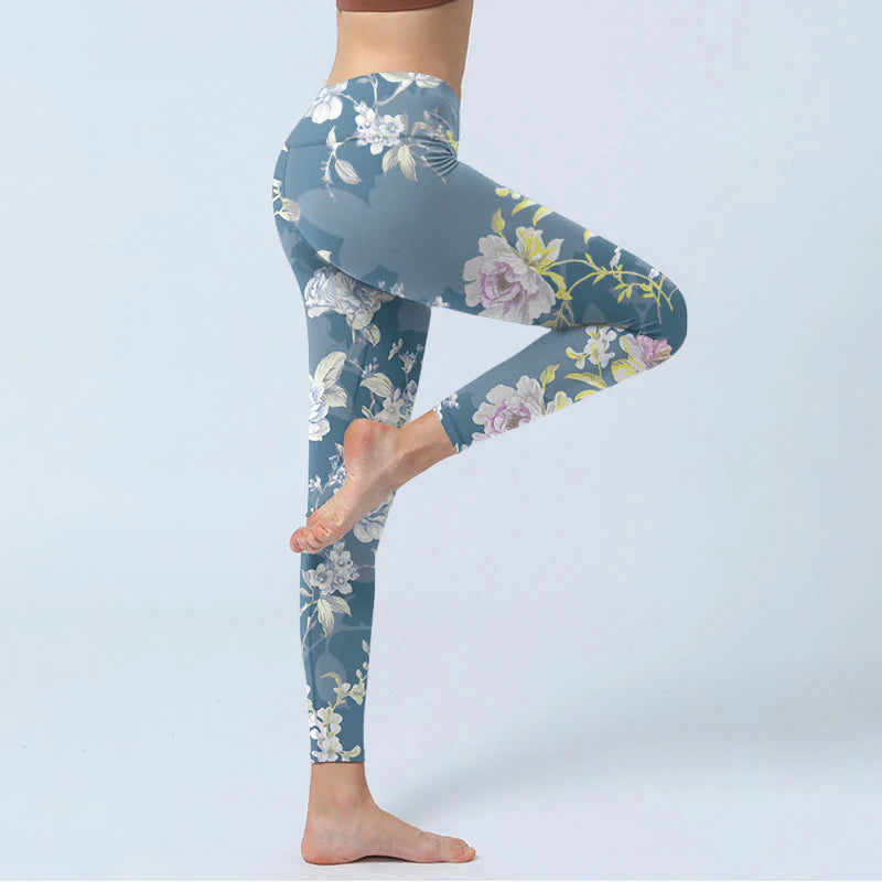 Buddha Stones Softly Colored Flower Leaf Pattern Print Gym Leggings Women's Yoga Pants
