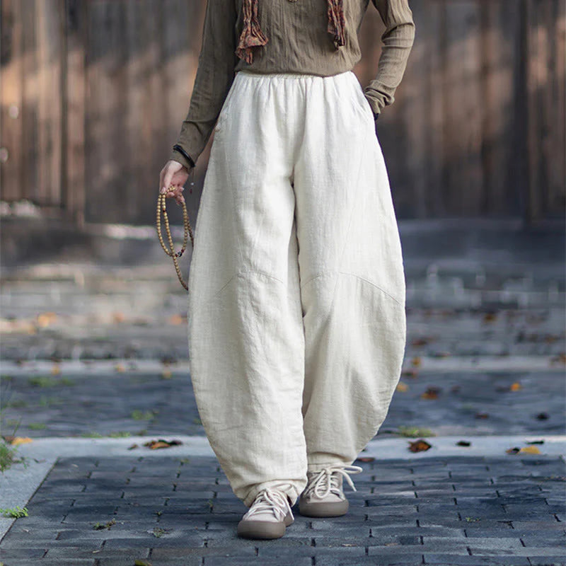 Buddha Stones Winter Elastic Waist Ramie Cotton Thermal Women's Pants With Pockets