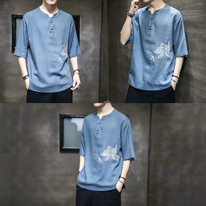 Buddha Stones Summer Embroidered Lotus Dragonfly Pattern Chinese Frog-Button Men's Short Sleeve T-shirt