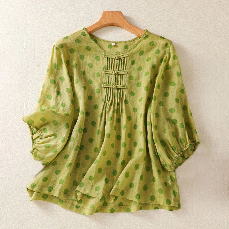 Buddha Stones Fall Round Neck Polka Dots Long Sleeve Women's Polyester Shirt