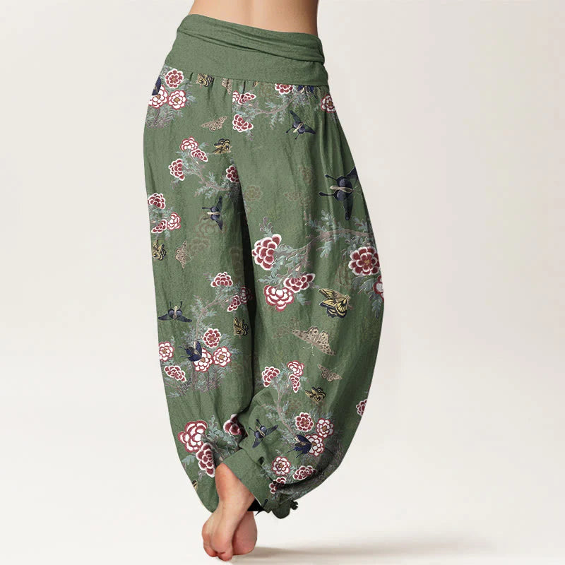 Buddha Stones Cotton Flowers Leaves Butterfly Pattern Women's Elastic Waist Harem Pants