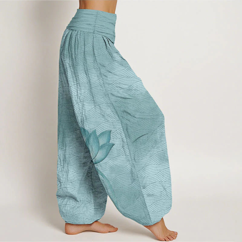 Buddha Stones Cotton Light Color Lotus Wavy Lines Pattern Women's Elastic Waist Harem Pants