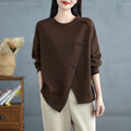 Buddha Stones Fall Solid Color Asymmetrical Design Crew Neck Long Sleeve Women's Cotton Sweatshirt