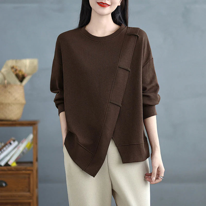 Buddha Stones Fall Solid Color Asymmetrical Design Crew Neck Long Sleeve Women's Cotton Sweatshirt