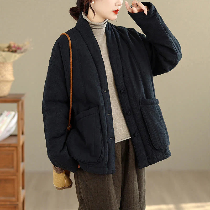 Buddha Stones Winter Solid Long Sleeve Cotton Women's Thermal Jacket With Pockets