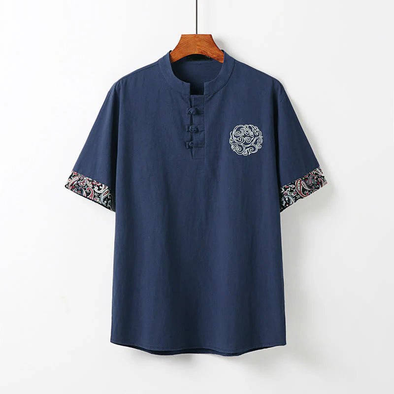 Buddha Stones Summer Frog-Button Auspicious Clouds Embroidery Design Short Sleeve Cotton Linen Men's Shirt