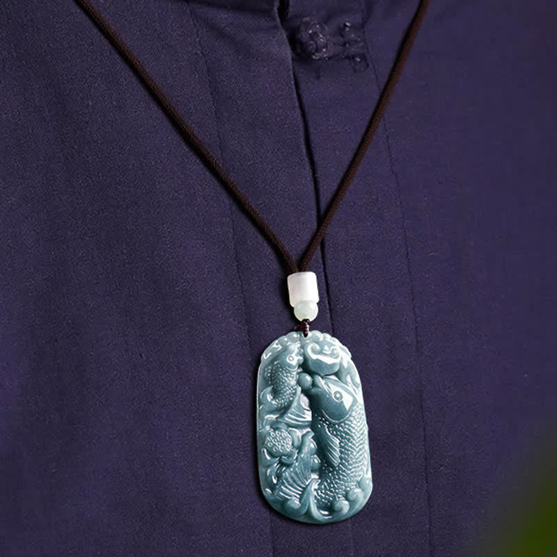 Buddha Stones Natural Jade Carving Double Koi Fish Rope Prosperity Necklace Pendant