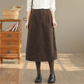 Buddha Stones Pure Color Elastic Waist Women's 7-8 Length Corduroy Skirt With Pockets