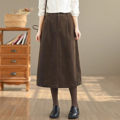 Buddha Stones Pure Color Elastic Waist Women's 7-8 Length Corduroy Skirt With Pockets