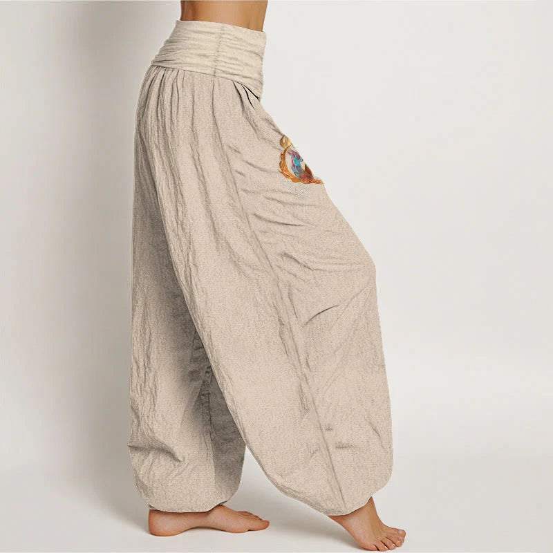 Buddha Stones Women's Pure Cotton Phoenix Auspicious Cloud Pattern Elastic Waist Harem Pants