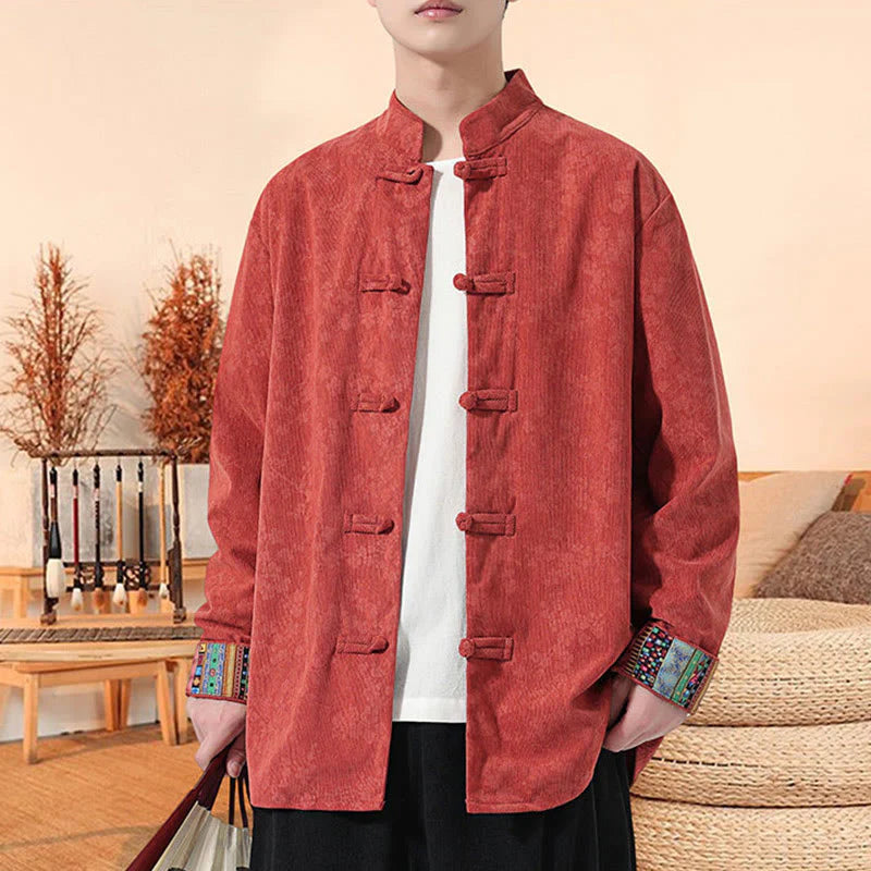 Buddha Stones Plain Plum Blossom Pattern Long Sleeve Men's Cotton Corduroy Tang Suit Jacket